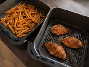 Pečené maso a hranolky v horkovzdušné fritéze